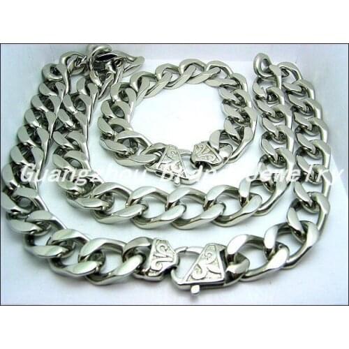 New Arrive Fashion Mens Jewelry Set 15mm Silver color Stainless Steel Highly Polished Neklaces 60cm&Bracelets 22cm For Men Boy