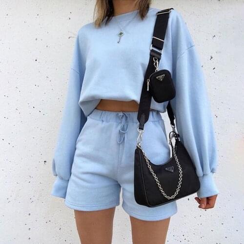 2020 Autumn New Long Sleeve Round Neck Loose Top High Waist Strap Slimming Shorts Suit For Women Ensemble Femme Wn