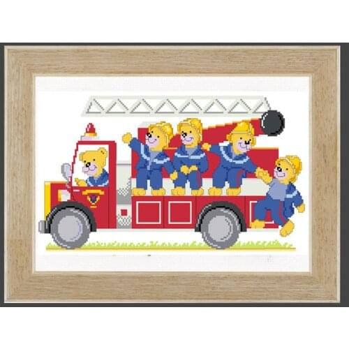 Counted Cross Stitch Kit Faire-part Pompiers Birth Record Certificate Baby Teddy Bear Bears Fireman Fire Engine Bus