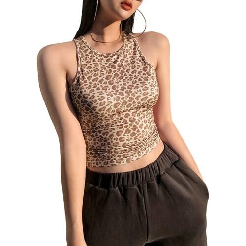 Women round neck sleeveless Tank Tops Leopard Short Slimming Sexy Thin Summer Casual Party Sports Vest