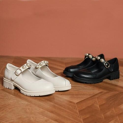2021 Real Leather mary jane shoes women hook&loop thick heels beads loafers pearl belt buckle lolita flats woman big size 41-43