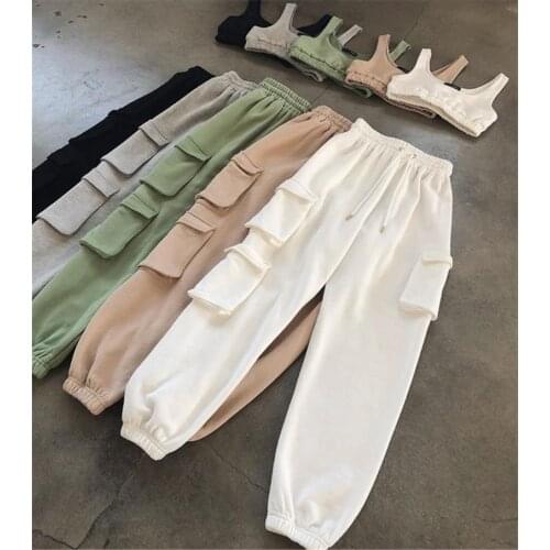 2021 Spring Women Ladies Vintage Patchwork Joggers Sweatpants Harajuku Female Trousers Elastics High Waist Solid Color Pants