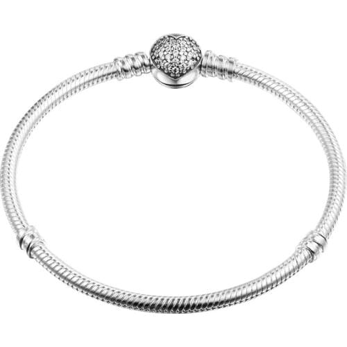 Genuine 925 Sterling Silver Sparkling Heart Clasp Bracelet Clear CZ Moments Snake Chain Bracelets for Women DIY Charms Jewelry