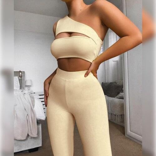 Two Piece Sexy Hollow Out One Shoulder Top & High Waist Pants Set Women Casual Solid Color Sport Suits Skinny Trouser 2pcs
