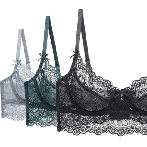 Green Lace Bra Top Sexy Lingerie Plus Size Unlined Transparent Bras For Women Floral Embroidery Underwear Push Up Brassiere C D