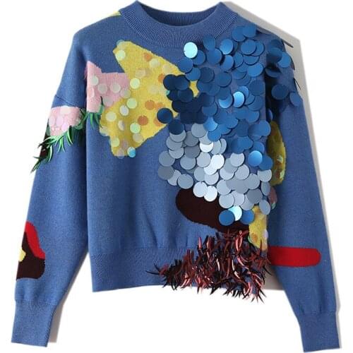 Winter Fall Sweater Women Blue Color Block High Street Fashion Blue Pullover Luxury 3D Sequined Beading Knitwear Jumper Clothes