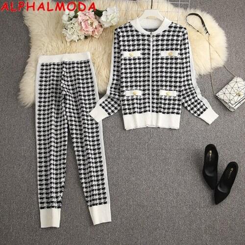 ALPHALMODA 2021 Autumn Winter New Arrival Plaids Zipper Cardigans + Jogger Pants Women Fashion 2pcs Knitting Suit