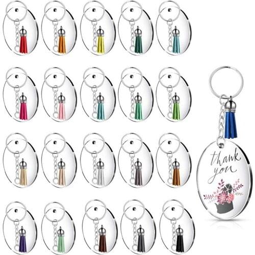 12/24 Pcs/Set Acrylic Clear Circle Discs Keychain Set Round Acrylic Keychain Blank Leather Tassel Pendant Jump Rings for DIY