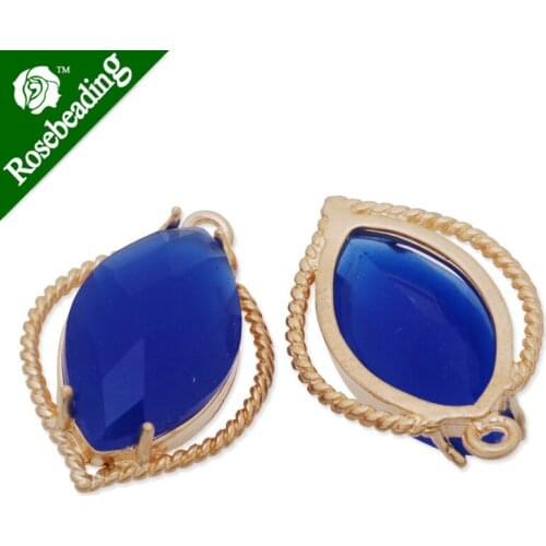 13x19mm matt gold plated framed glass,Faceted glass,royal blue,connectors,gemstone bezel,Sold 5pcs/lot-C4153