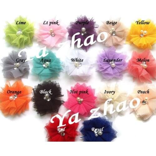 2018 b aby 2.5inches Mini Tulle Mesh Flowers With Rhinestone Pearl Center Poof Flowers headband Accessories 200pcs