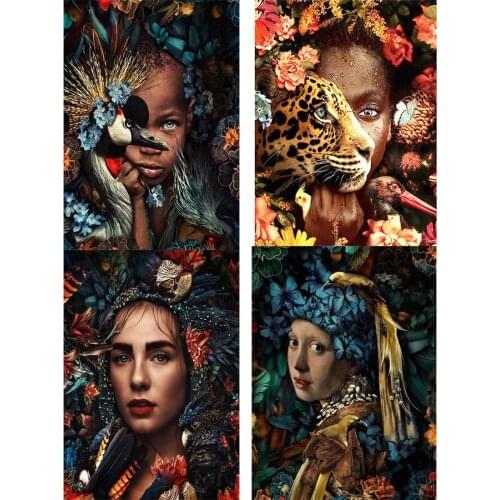 Diamond Painting African woman floral animal set illustration Pearl girl Diamond Embroidery,Cross Stitch,diamond Mosaic decor