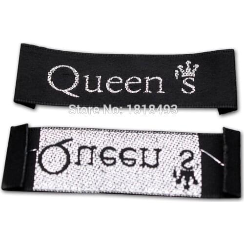 Free shipping customized clothing black satin woven labels with silver fonts/garment embroidered labels/clothing printed tags