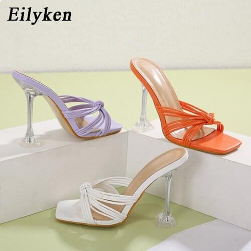 Eilyken Fashion Narrow Band Square Toe Womens Slippers Summer New Mules Slides Sexy Clear Crystal High Heels Ladies Party Shoes