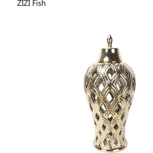 European Ceramic Vase Golden Hollow General Jar Flower Arrangement Container Electroplating Storage Jar Countertop Decoration