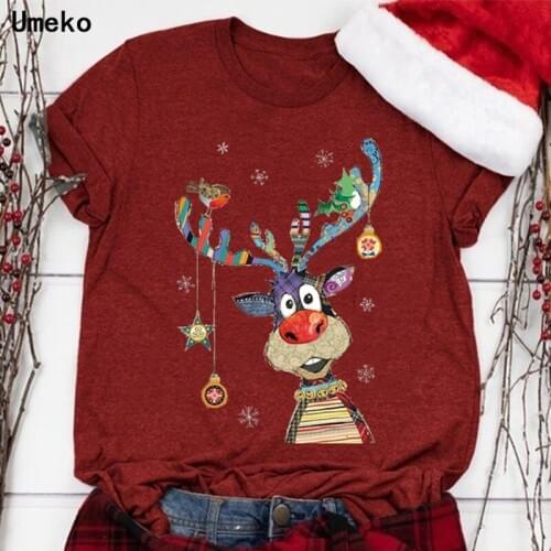 Print T Shirt Women Summer Harajuku Cartoon Christmas Deer Graphic Short Sleeve O Neck Tee Tops Y2K Female Tshirt Clothing