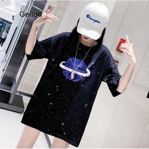 Cool Girl Loose Sequined Planet T-shirt Mid-length Women Hippop Style Top Ladies Streetwear 2020 Plus Size Camiseta Top Mujer