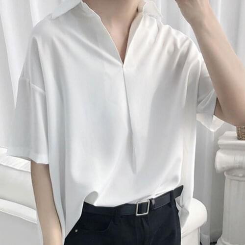 Summer Men Solid Color Korean Style Shirt Lapel Youth Pop Short Sleeve Casual Loose Lapel Boy Basic Top