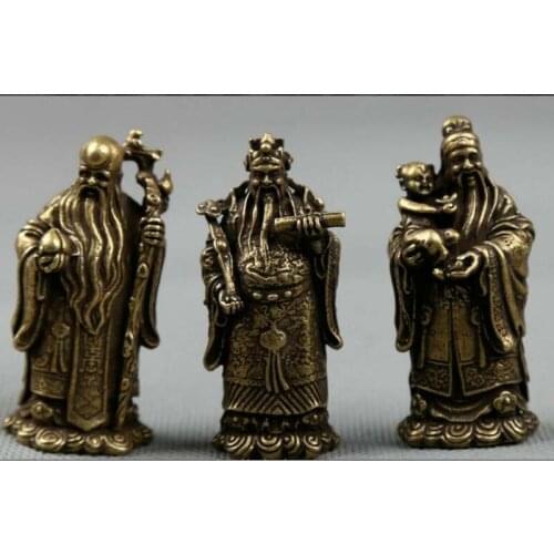 Small Curio Chinese Bronze Taoism 3 Longevity God Fu Lu Shou Life Wealth Statue