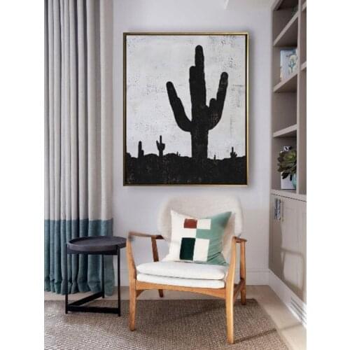 Minimalist Black White Cactus Picture Hand Painted Abstract Oil Painting On Canvas Wall Art For Living Room Home Decor No Frame