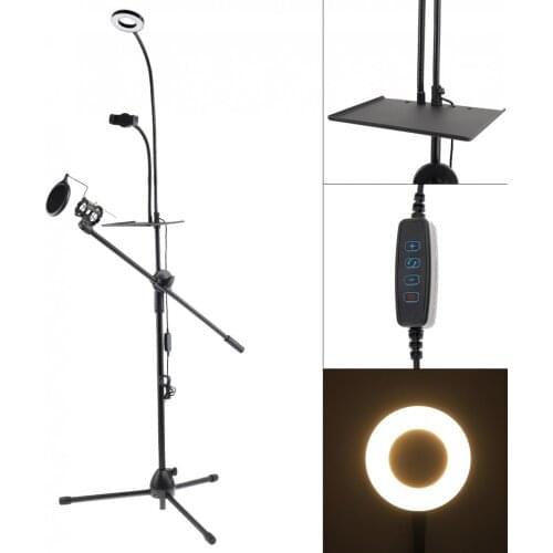 Multifunction Live Broadcast Gooseneck Cell Phone Holder Bracket Tripod with Selfie Ring Light and Microphone Stand Pop Filter