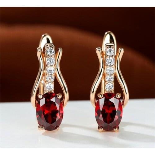 Trendy Female Red Black White Zircon Earrings Cute Rose Gold Color Clip Earrings For Women Luxury Crystal Oval Wedding Earrings