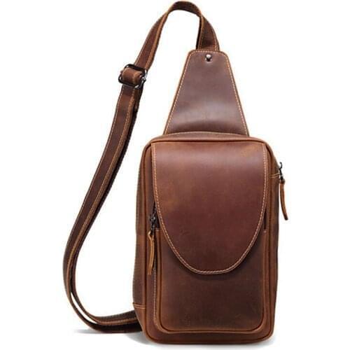 BOLEKE New Arrival Men Crazy Horse Cowhide Chest Pack Simple Design Shoulder Messenger Bag Retro Casual Genuine Leather Sling