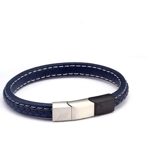Sporty Design Male Blue Chain Link Genuine Leather Bracelets Stainless Steel Magnetic Buckle Men Women Charm Bracelets