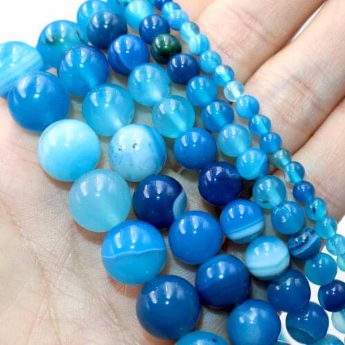Natural Blue Stripe Agates Onyx Stone Smooth Round Loose Spacer Beads For Jewelry Making DIY Bracelets Necklace 4/6/8/10/12mm