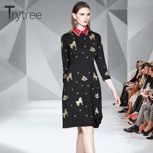 Trytree 2020 Autumn Winter Casual Women Dress Turn-down Collar A-line Hight Waist Fashion Black Embroidery Office Lady Dress