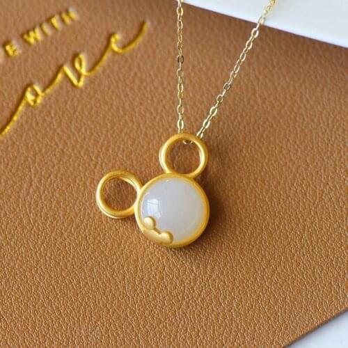 New Silver Inlaid Natural Hetian Jade Pendant Necklace Mickey Sweet And Cute Shape Feminine Charm Charming Brand Jewelry