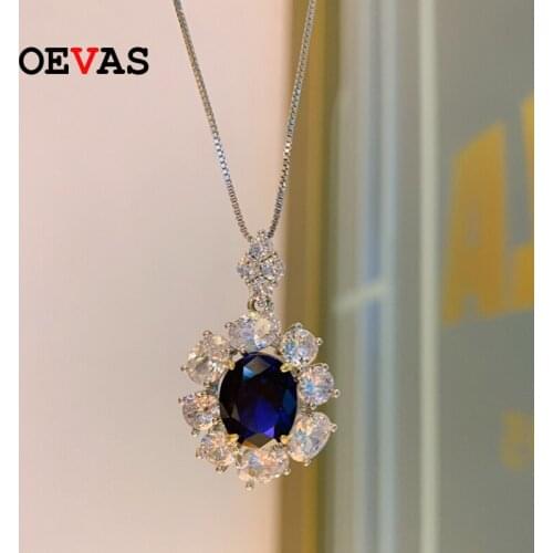 OEVAS 100% 925 Sterling Silver Synthetic Sapphire High Carbon Diamond Pendant Necklace For Women Sparkling Wedding Fine Jewelry
