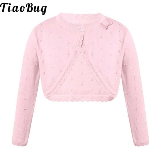 Girl Coats Long Sleeve Bowknot Hollow Out Rhombus Knitted Sweater Short Cardigan Tops Flower Girl Wrap Kids Crochet Cropped Coat