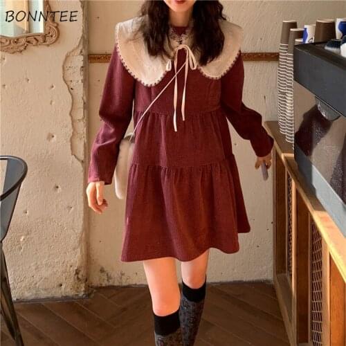 Dresses Women Solid O-Neck Loose Knee-length Full Sleeve Simple Elegant Streetwear Harajuku Sweet Korean Style New Fashion Lady