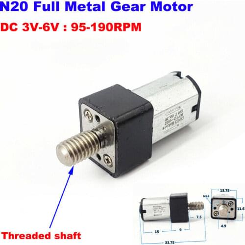 DC 3V 5V 6V 95RPM-190RPM Slow Speed N20 Full Metal Reduction Gear Motor Threaded shaft