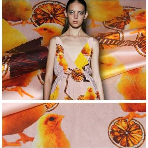 Lemon and chicken digital inkjet stretch silk satin fabric 20mm drape shirt dress silk stretch fabric wholesale silk cloth