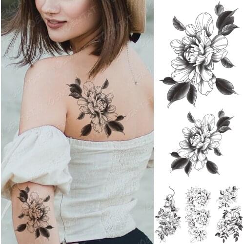Waterproof Temporary Tattoo Sticker Peony Flower Plum Blossom Flash Tattoos Female Black Minimalist Line Body Art Fake Tatto