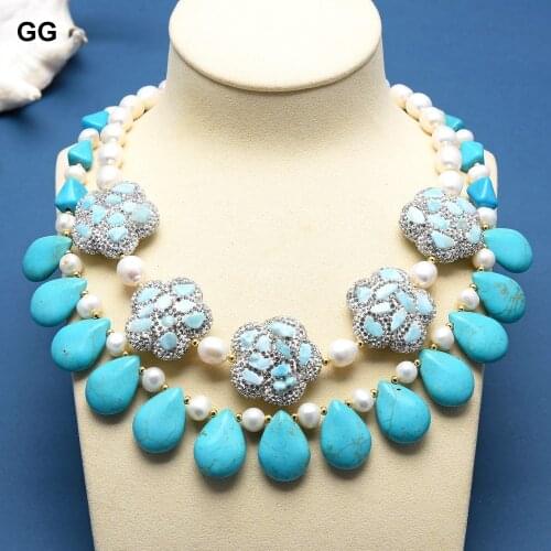 GuaiGuai Jewelry 2 Strands Natural Cultured White Freshwater Pearl Blue Turquoise Larimars Flower Necklace 20" For Women