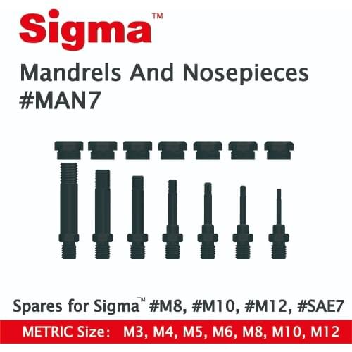 Sigma #MAN7 Spare Mandrels/Nosepieces set ONLY applicable for Sigma Threaded Rivet Nut Drill Adapters #M6 #M8 #M10 #M12 #SAE7