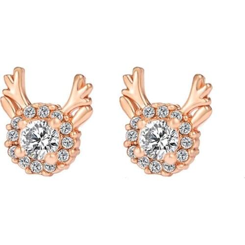 Cute Snowflake Antler Full Shiny Crystal Around Twinkling Clear Zircon Golden Silver Plated Stud Earrings For Women