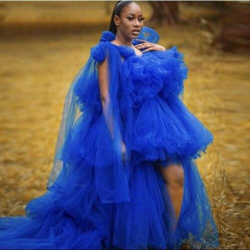 Puffy Royal Blue High Low Tulle Prom Gowns 2020 Ruffle Tiered Long Party Dresses Women Dress To Picture Shoot Vestido De Mulher