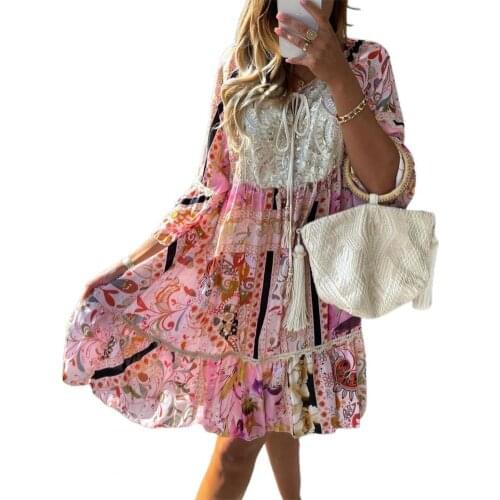 Summer Women Elegant Tie-up Tassel Lace Mini Dress Ethnic Print Ruffle Hem Square Collar Lace Up Dress for Ladies Beach Vestidos
