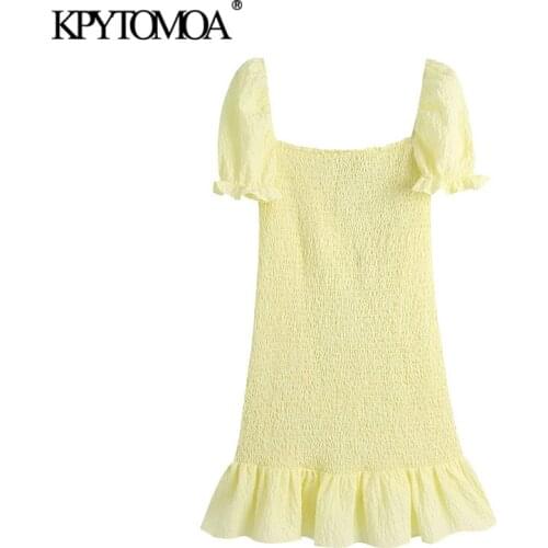 KPYTOMOA Women 2021 Chic Fashion Smocked Elastic Ruffled Mini Dress Vintage Puff Sleeve With Lining Female Dresses Vestidos