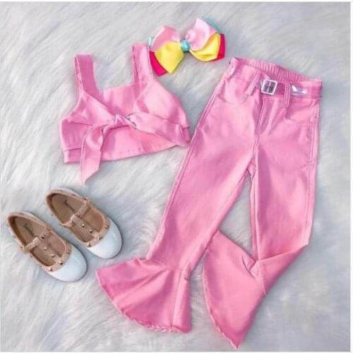 1-6Years Fashion Girls Summer Clothing Sets Children Kids Solid Sleeveless Bowknot Crop Tops+High Waist Flare Pants Trousers