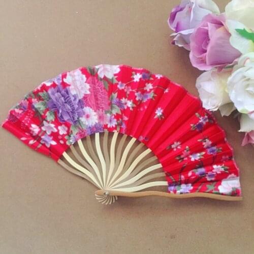 10PCS Japanese Style Flower Design Bamboo Satin Silk Fabric Folding Fan With Mixed Colors Pocket Gift Hand Held Party Favors