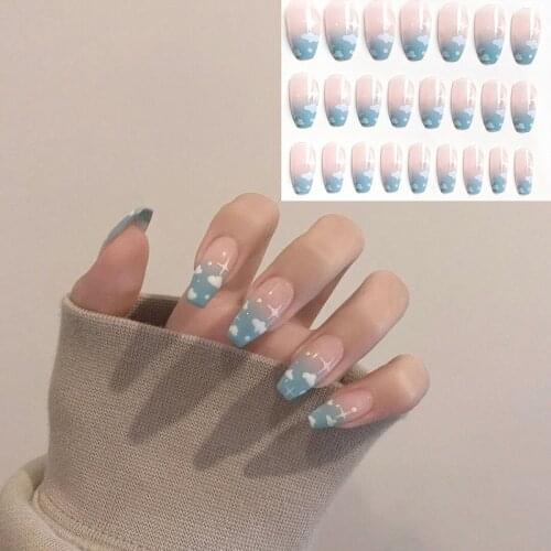 24Pcs Sweet Girl Manicure Oval Head With Heart Pattern Design False Nail Detachable French Nail Female Nail Decor