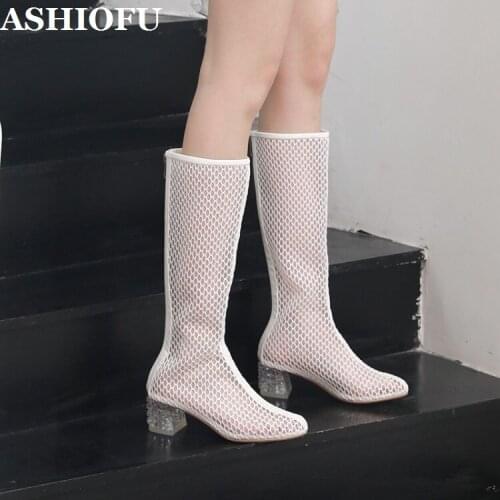 ASHIOFU New Hot Style Ladies Chunky Heels Boots Sexy Air-mesh Net Leather Prom Midcalf Boots Fashion Evening Club Half Boots