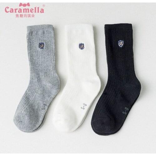 Caramella Embroidery Badge Kids Combed Cotton Stocking White Baby Stocking Long Legwarmer Cute Boy Girl Children Hosiery 1-12Y