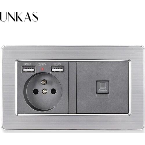 UNKAS Stainless Steel Brushed Panel French Standard Wall Socket With 2 USB + RJ45 Internet Computer Jack 146MM * 86MM Outlet