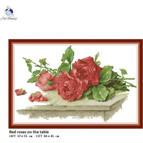 Red Roses On the Table Paintings Aida Canvas Cross-stitch 11CT 14CT DIY Handwork Beginner Embroidery Sets Needlework Home Decor
