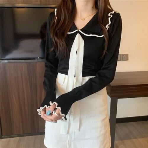 Sweet Chic Bow Drawstring Knitted Pullovers Cute Peter Pan Collar Slim Fit Sweaters New Flare Sleeve Women Jacket